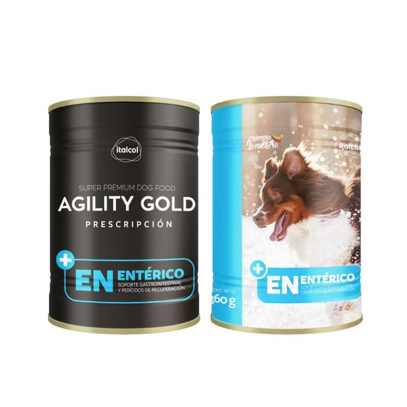 Dos latas de comida para perros, una negra y otra azul claro, etiquetadas 
