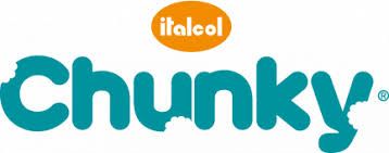 Logotipo para la marca "Chunky", texto verde azulado, "chunky" con un mordisco en la "ch" y "italcol" en un óvalo naranja.