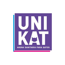 Logotipo de la arena para gatos "UNIKAT". Cuadrado morado con texto blanco y silueta de gato. Bordes turquesa y rosa.