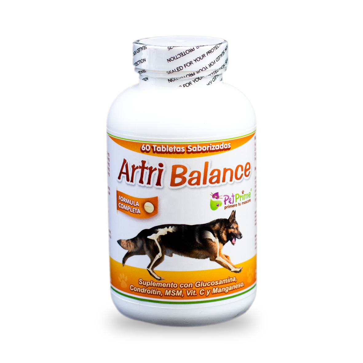 Botella blanca de tabletas Artri Balance para perros con un pastor alemán corriendo en la etiqueta.