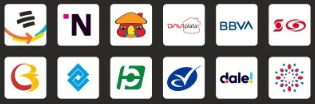 Logotipos de varias instituciones financieras sobre un fondo gris oscuro.