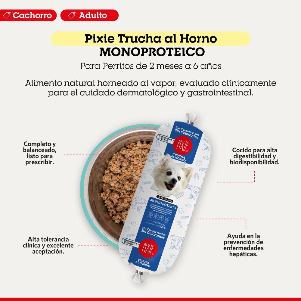 Alimento en rollo con cara de perro, etiquetado “Pixie Trucha al Horno MONOPROTEICO”, ​​para cachorros y adultos.
