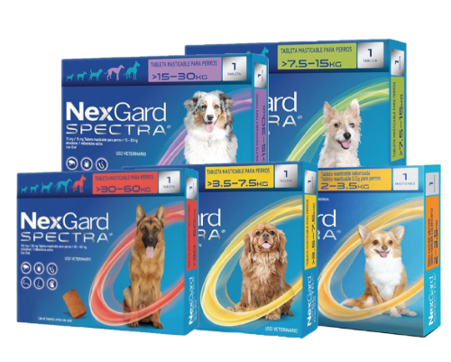 Cajas de medicamento para perros NexGard Spectra, cada una para un rango de peso diferente.