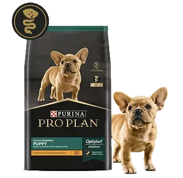 Bolsa de alimento para cachorros Purina Pro Plan con un Bulldog Francés.