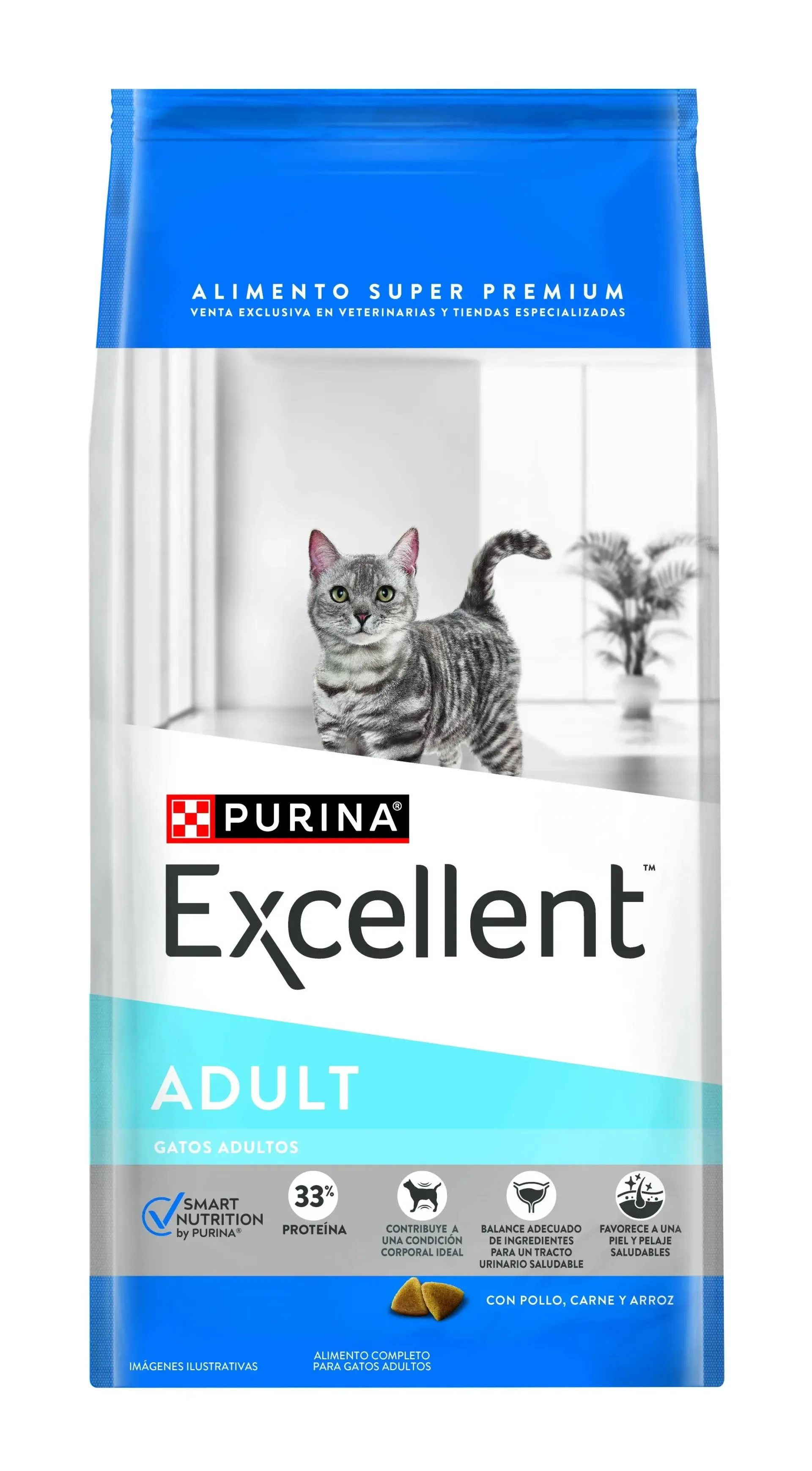 Bolsa de comida para gatos adultos Purina Excellent con diseño de gato. Envase azul y blanco.