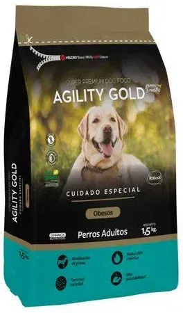 Bolsa de alimento para perros Agility Gold, con envase de Labrador Retriever, color azul y negro.