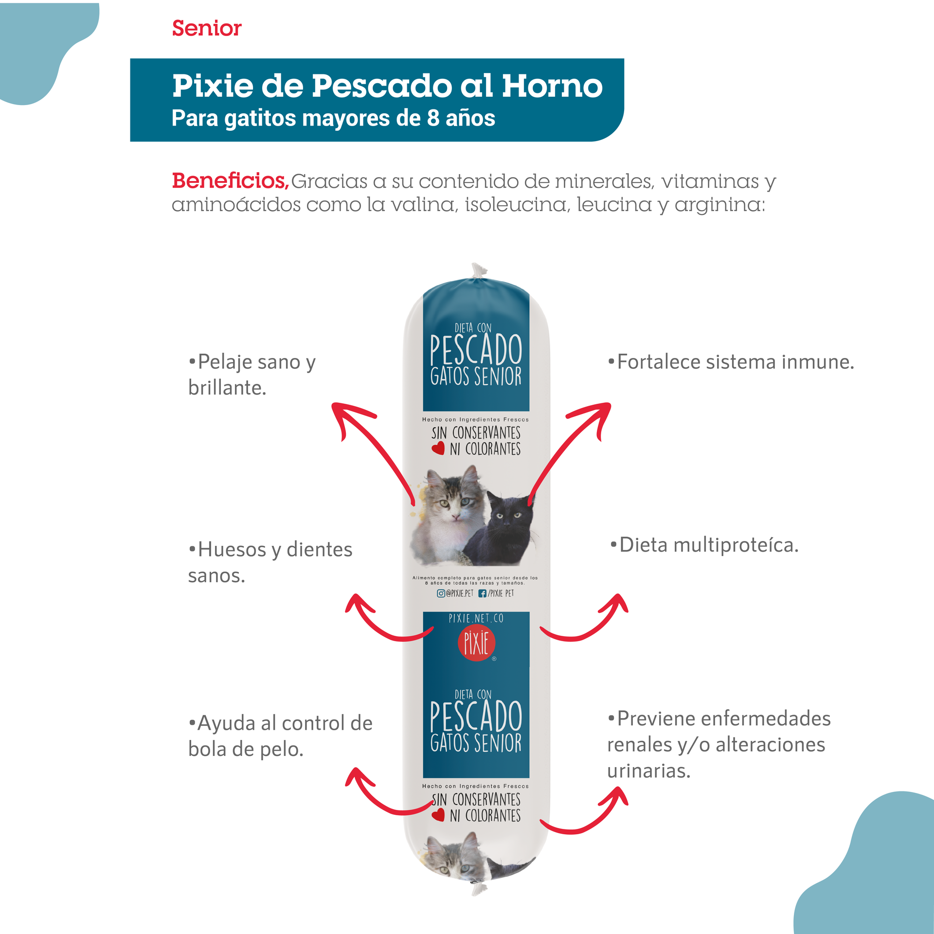 Paquete de comida para gatos con etiqueta para gatos mayores. Se muestran dos gatos junto al paquete.