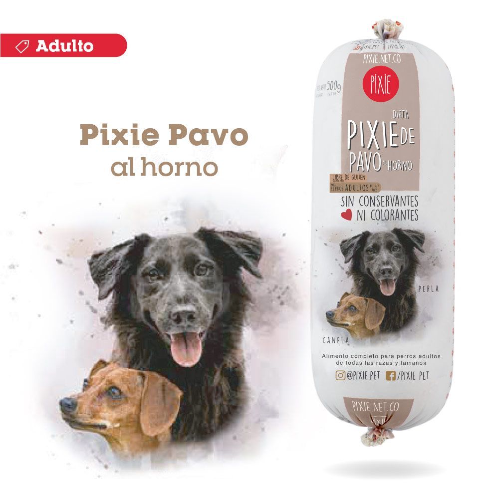 Paquete de alimento para perro “Pixie Pavo” con imagen de perro grande y pequeño; sabor horneado, adulto.