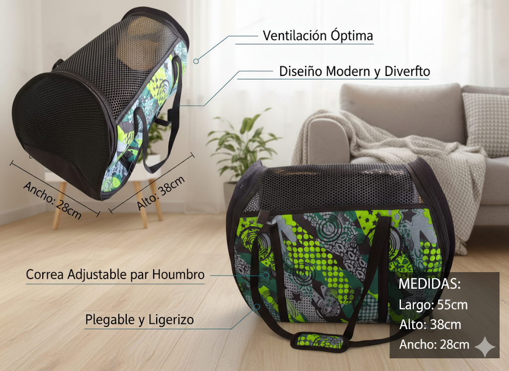 Transportín para mascotas, de color negro y estampado, con bandolera regulable, en ambiente salón.