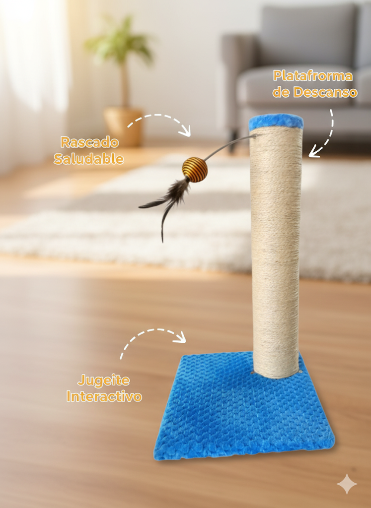 Rascador para gatos con juguete colgante sobre una base azul en una sala de estar.