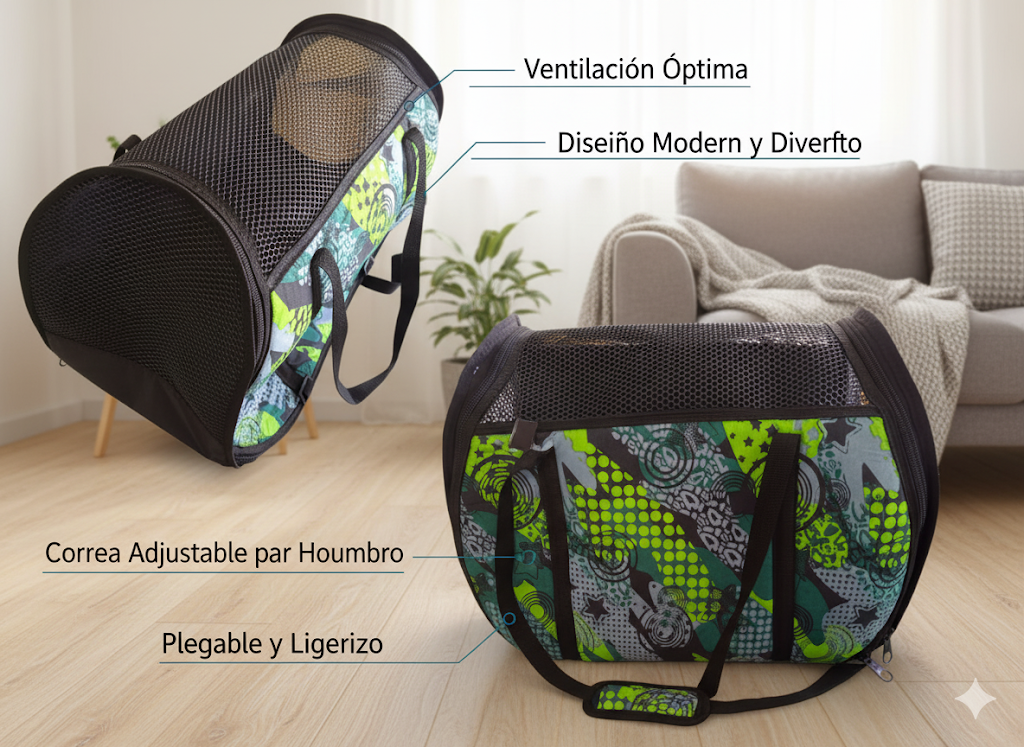 Transportín para mascotas, de color negro y estampado, con bandolera regulable, en ambiente salón.