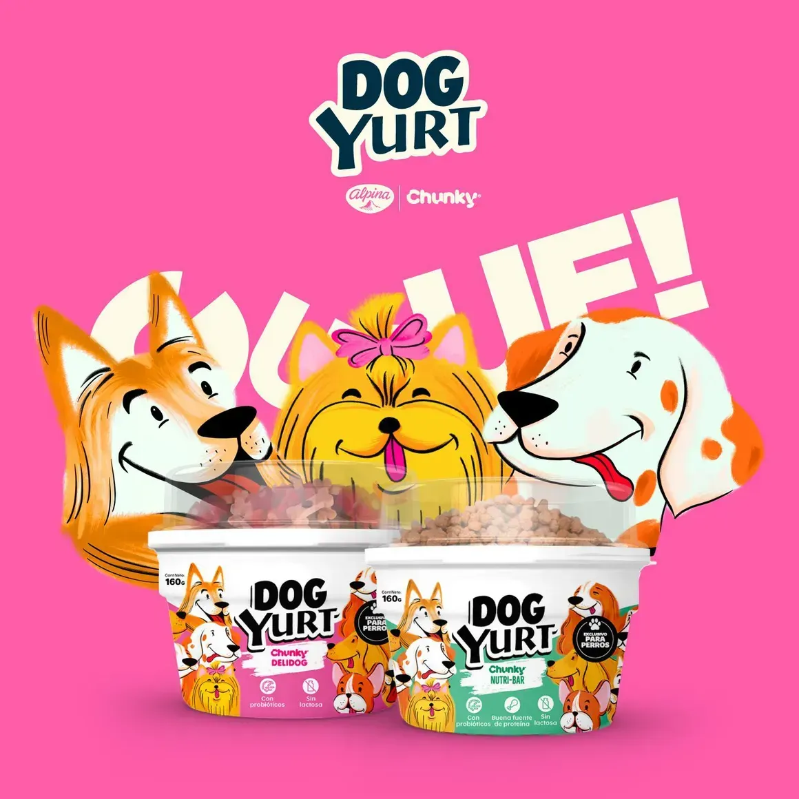 Anuncio de producto alimenticio Dog Yurt con dibujos de perros y vasos de yogur sobre fondo rosa.