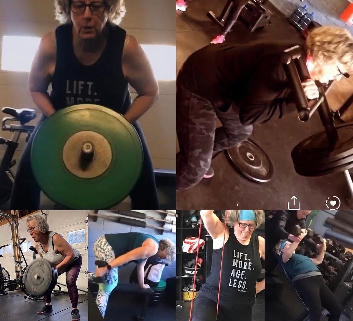 Woman lifting a barbell in a gym, shown in four workout photos with close-up and side views