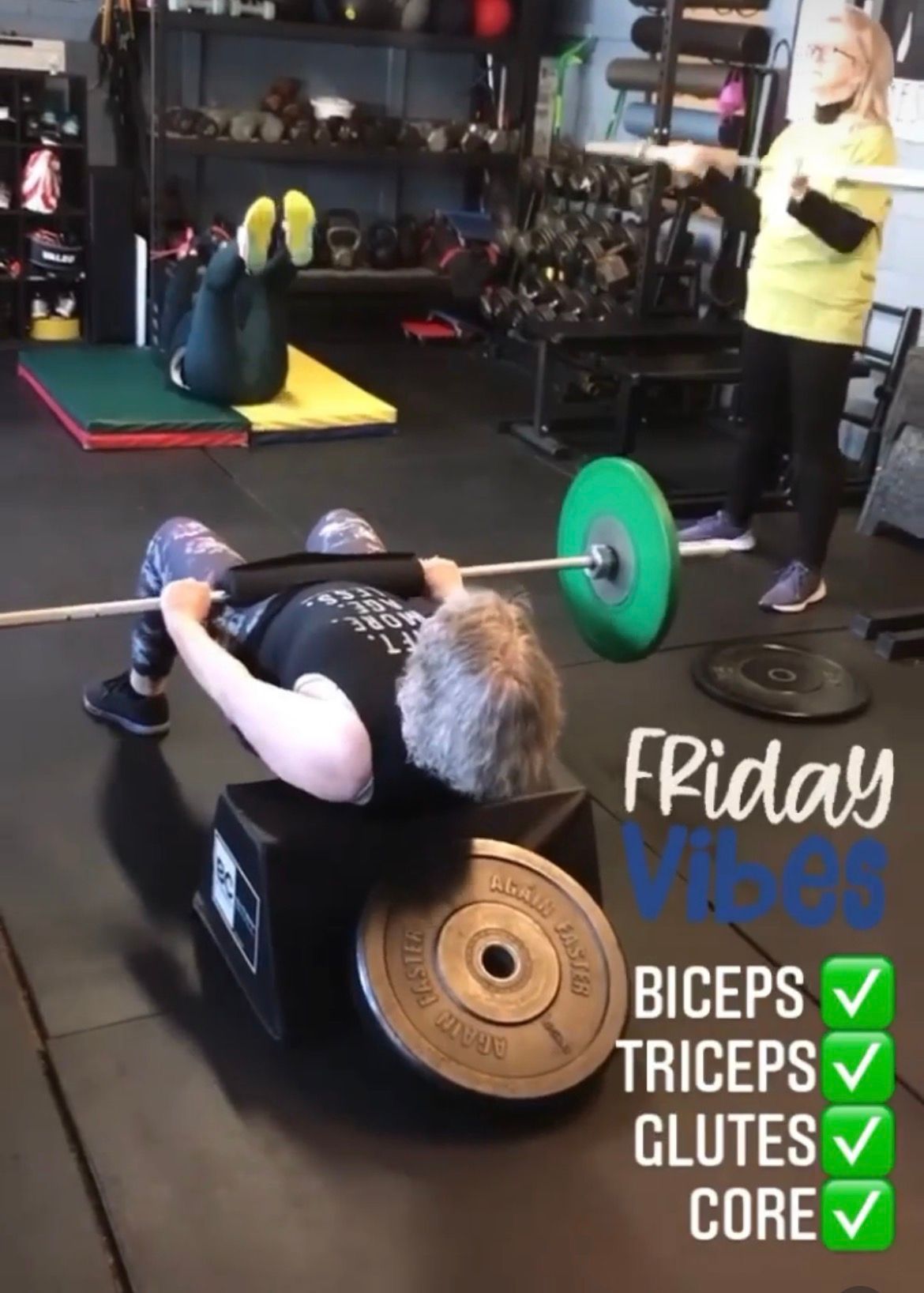 Gym scene: person doing weighted sit-up, with text 