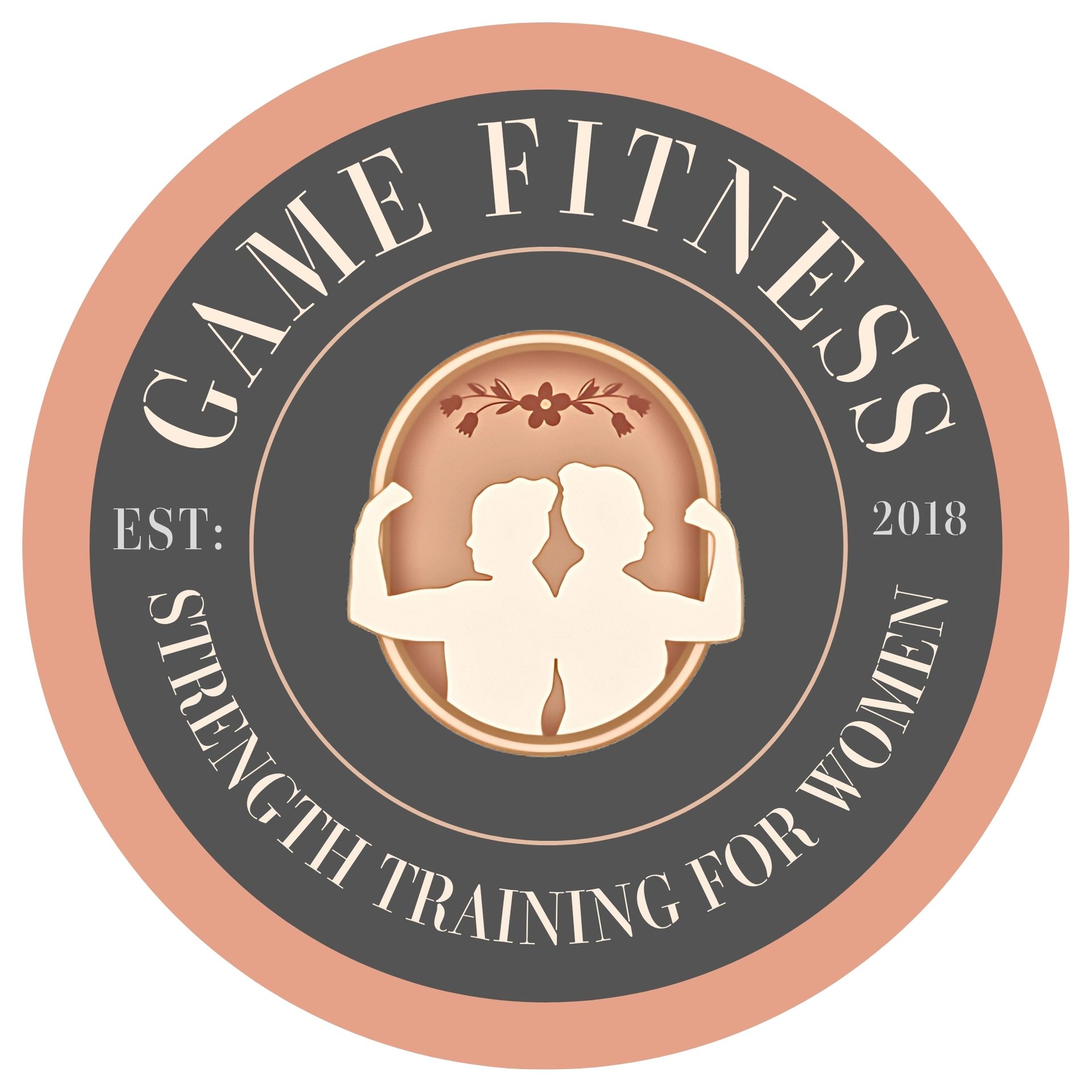 Game Fitness logo with flexing figure, rose and black circular border, “Strength Training for Women” text