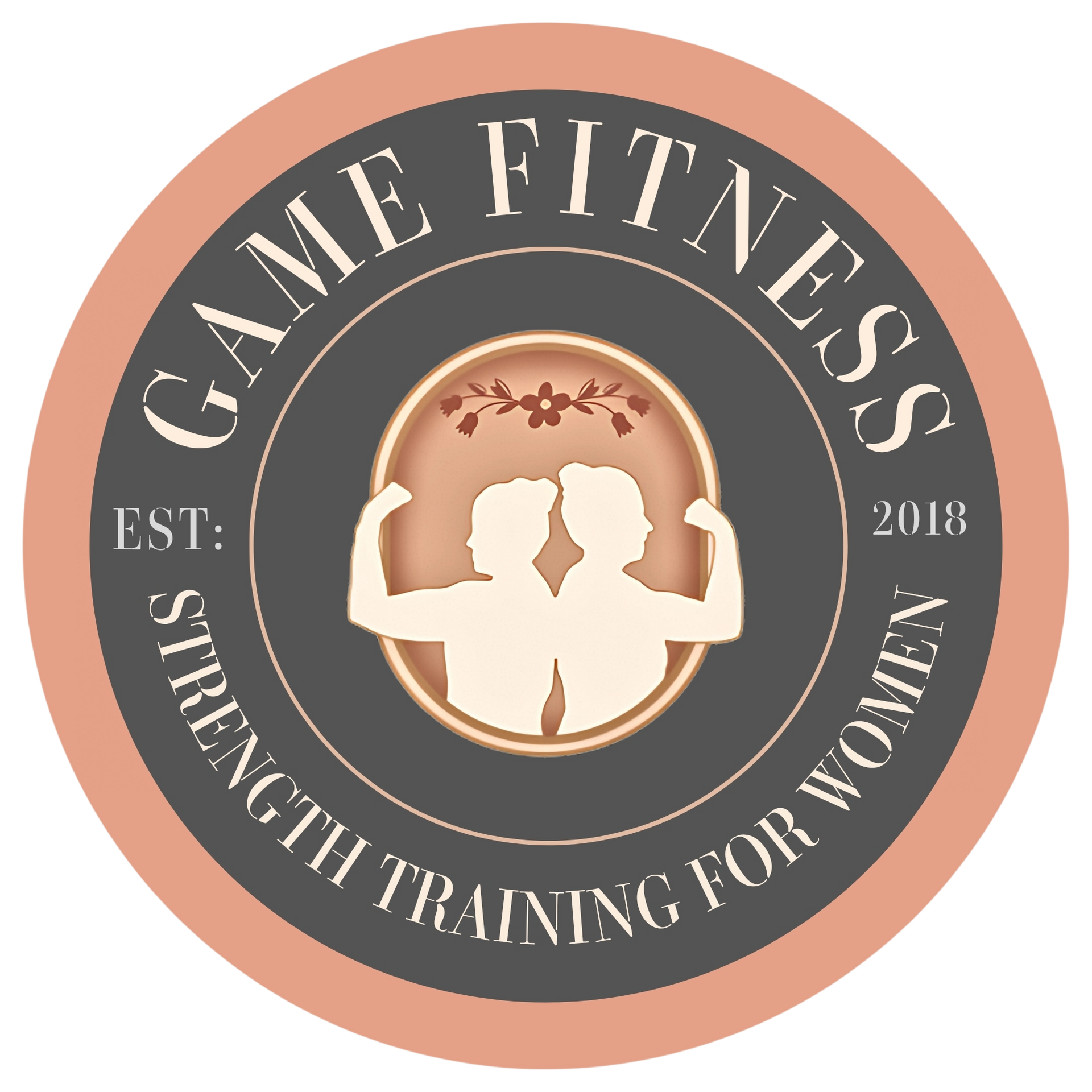 Game Fitness logo with flexing silhouette, “Strength Training for Women,” in tan, black, and peach