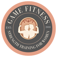 Game Fitness logo with flexing silhouette, “Strength Training for Women,” in tan, black, and peach