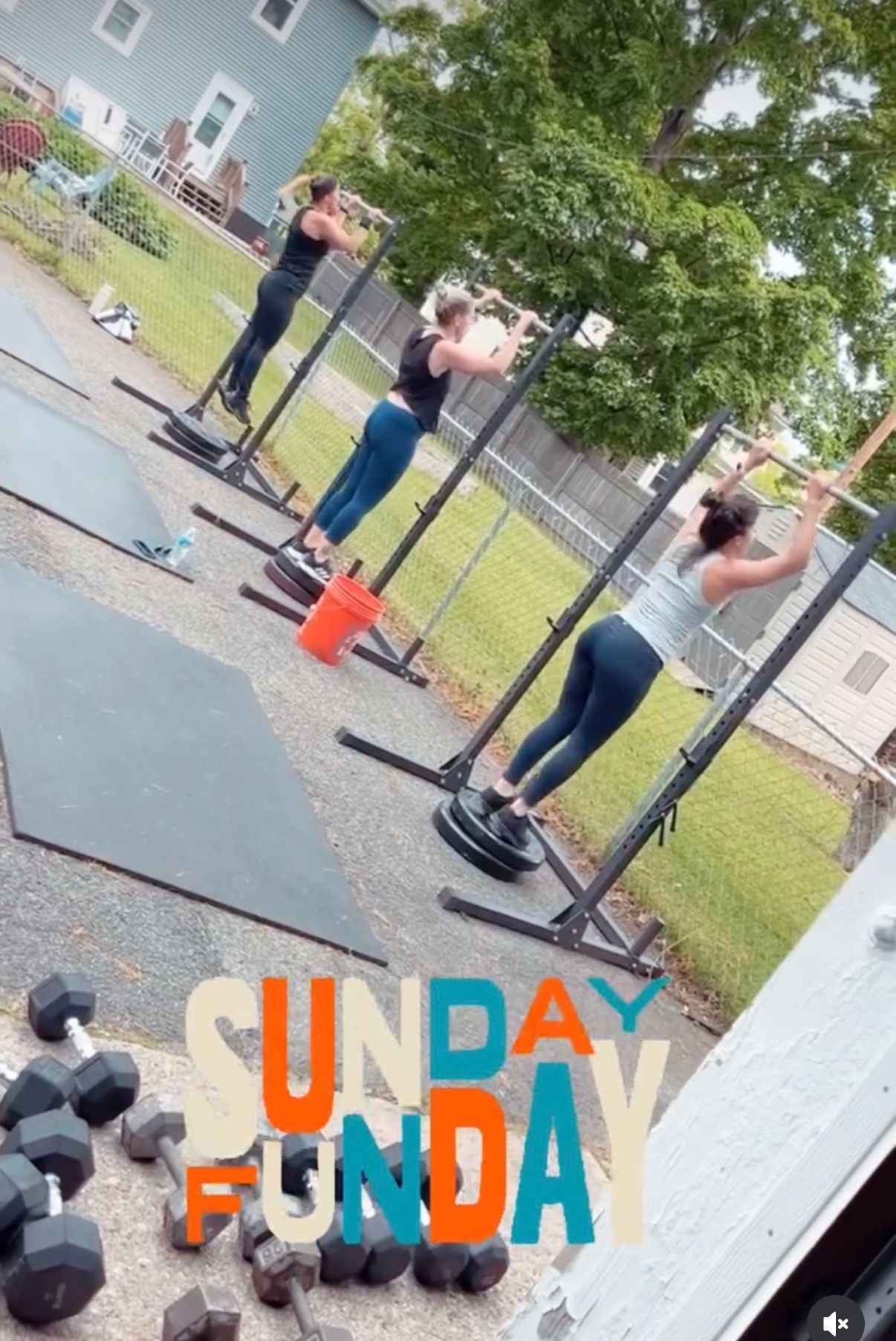 People exercising on outdoor hanging straps in a grassy park; “FUN DAY” text at bottom.