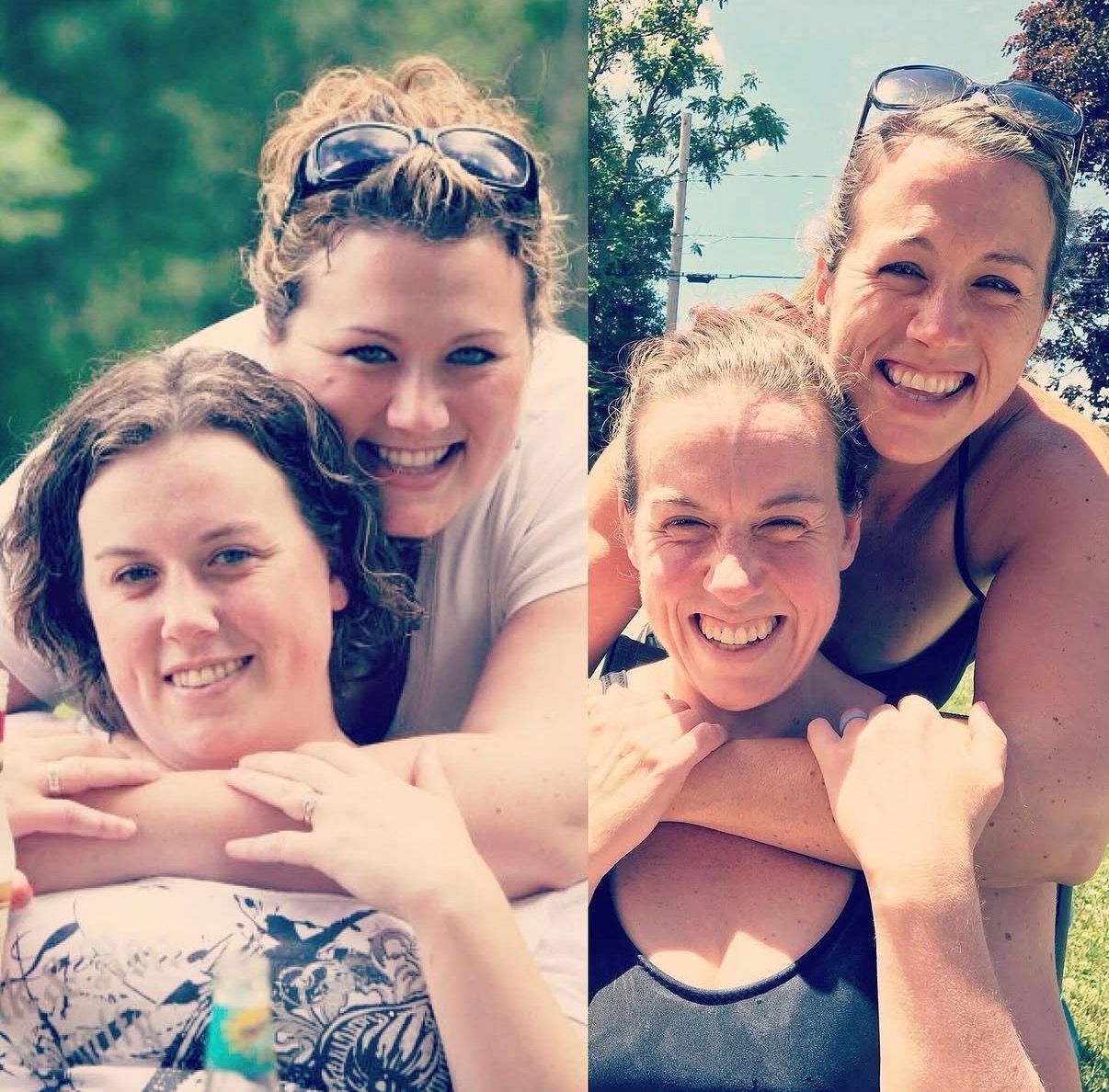 Two friends smiling and hugging outdoors by a pool, with trees in the background.