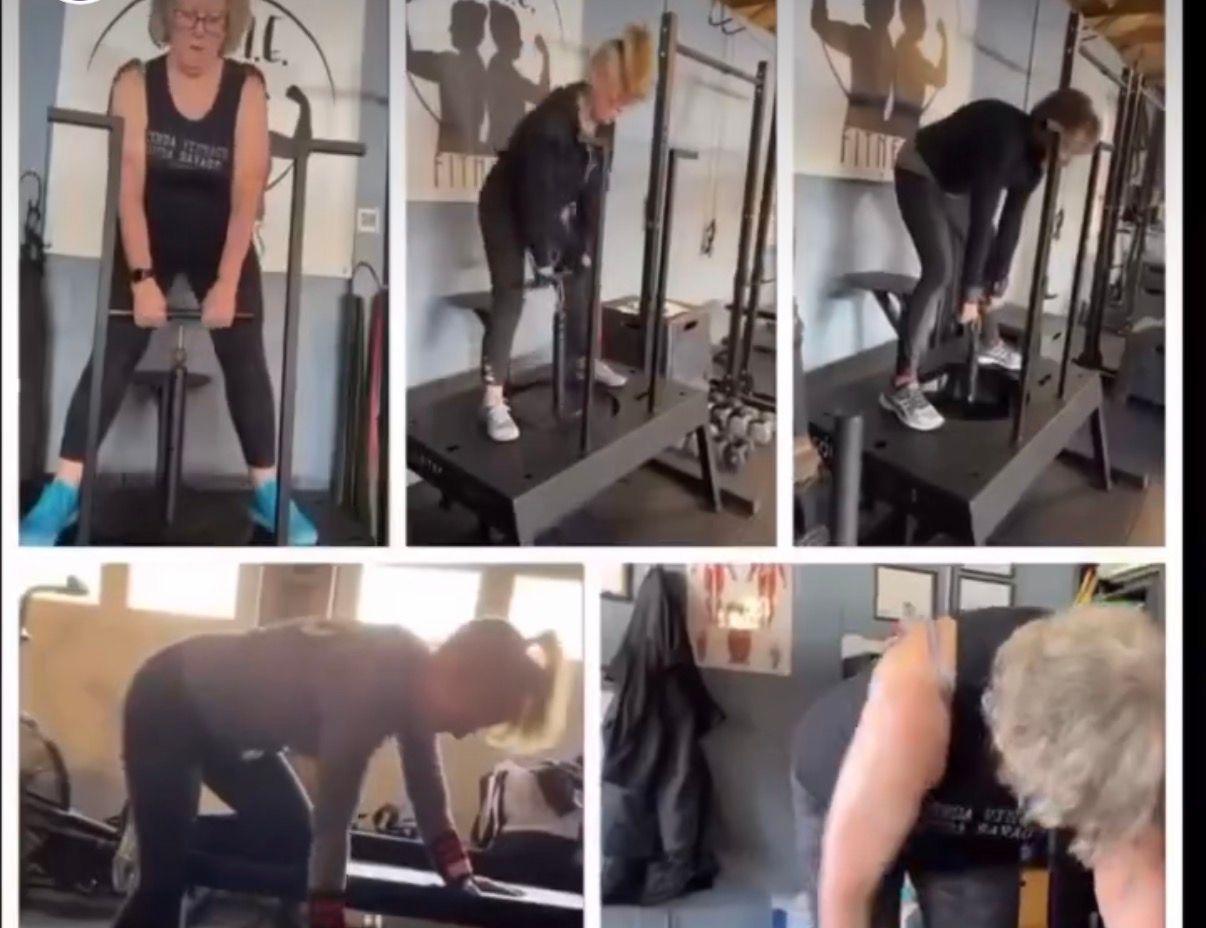 Person doing cable machine workout in a gym, shown in multiple exercise positions.