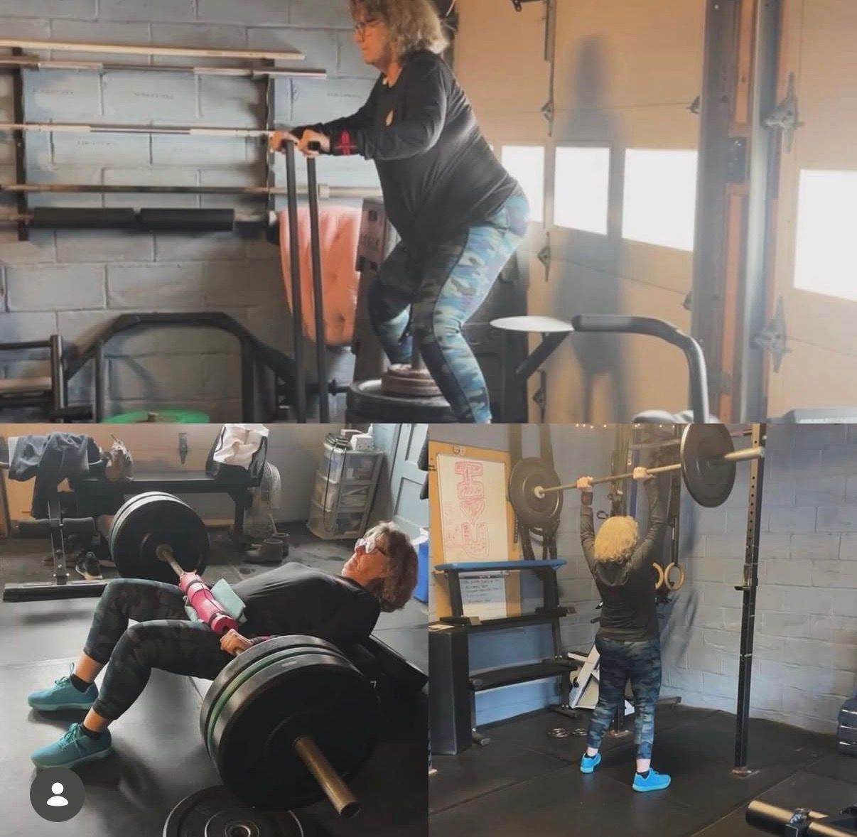 Person exercising in a garage gym, using a barbell and resistance bands near a power rack.