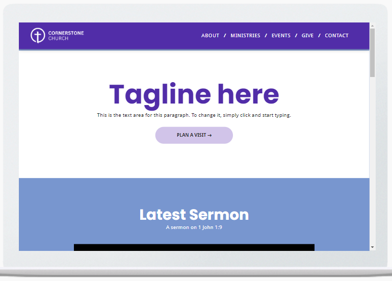 A tablet with a website on it that says tagline here.