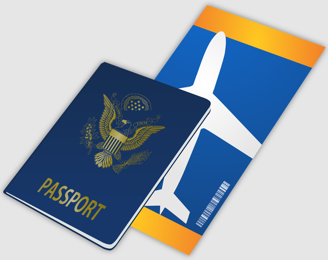 A passport next to a ticket with an airplane on it