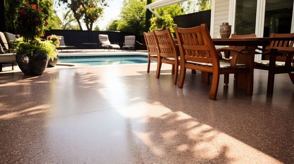 Patio with wooden dining table and chairs beside a sunlit pool, with palm trees and garden seating in the background