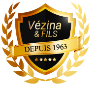 Gold and black Vézina & FILS logo. Shield shape with ribbon 