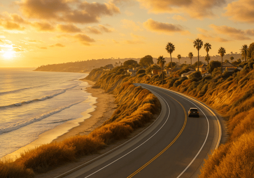 Coastal road at sunset with a car, ocean waves, and palm trees along golden cliffs