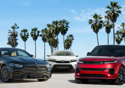 Three Mercedes cars in black, white, and red parked with palm trees behind them.