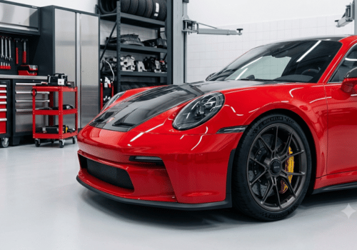 Front quarter view of a red Porsche 911 inside a clean, modern auto repair shop
