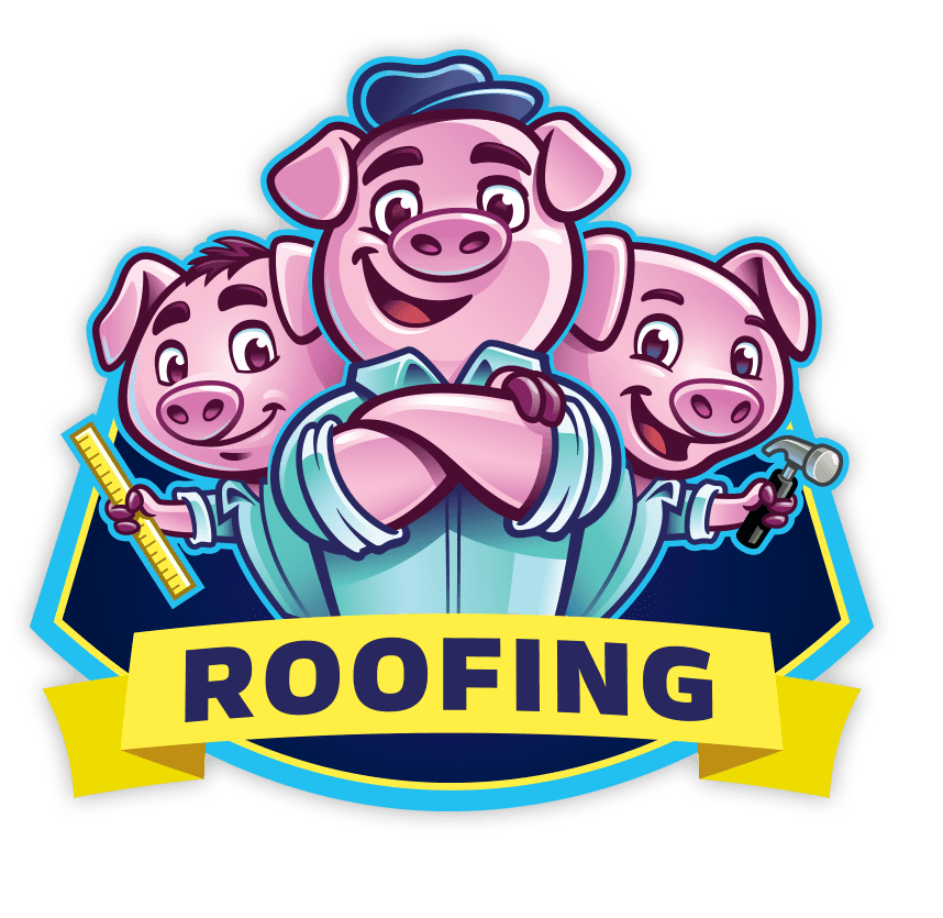 Pink cartoon pig roofing logo with three smiling pigs and a yellow banner reading “ROOFING”