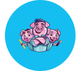 Three cartoon pigs on a blue circular background, one with arms crossed and two holding construction tools.