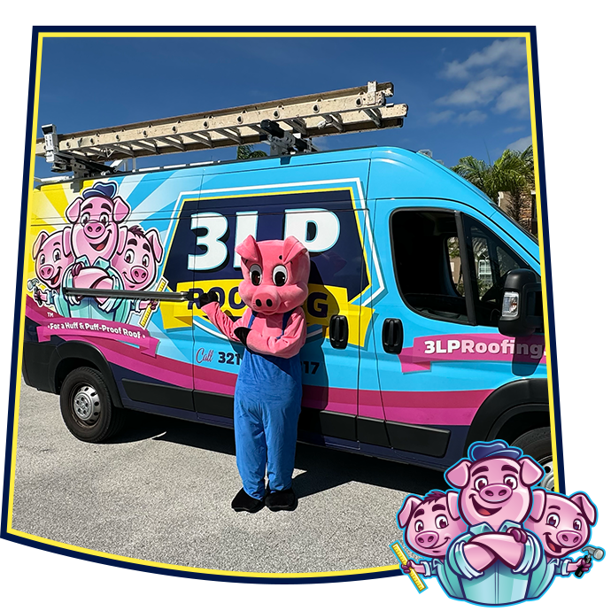 A mascot dressed as a pig in blue overalls stands next to a bright blue 3LP Roofing van featuring cartoon pig graphics.