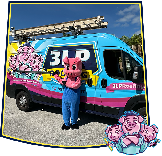 A person in a pink pig mascot costume stands next to a light blue 3LP Roofing company van with pig graphics.