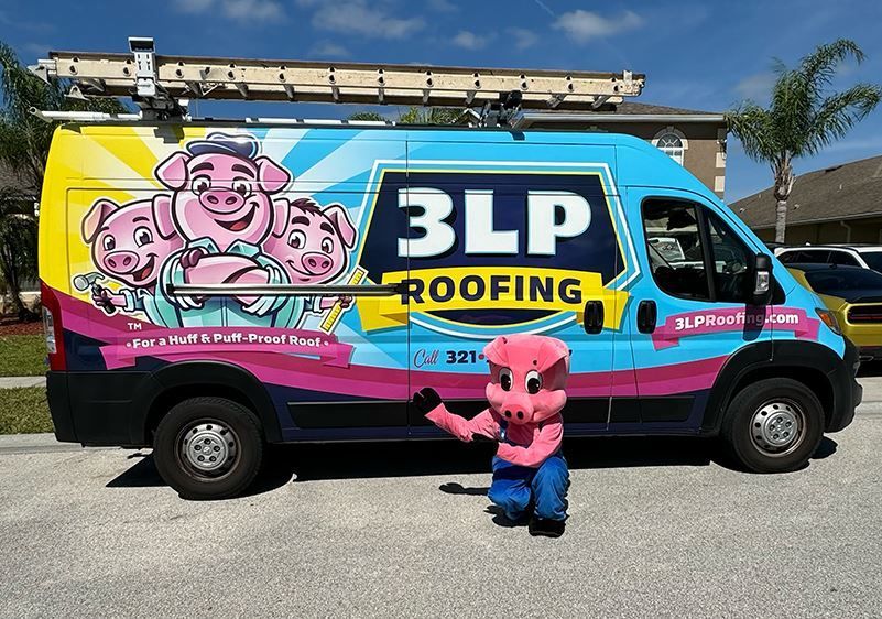 A costumed pig character stands in front of a blue and yellow 3LP Roofing van featuring cartoon pigs on the side.