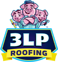 Logo for 3LP Roofing featuring three cartoon pigs, one with a ruler and one with a hammer, above blue and yellow text.