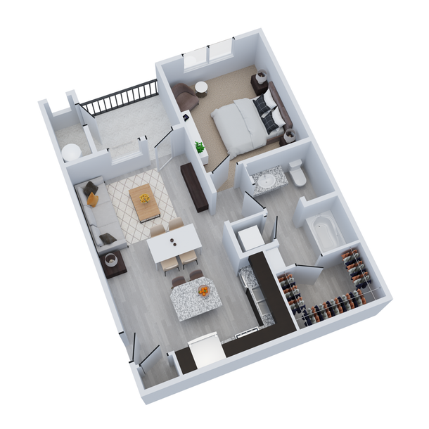 Top-down 3D floor plan of a small apartment with bedroom, living area, kitchen, and bathroom.
