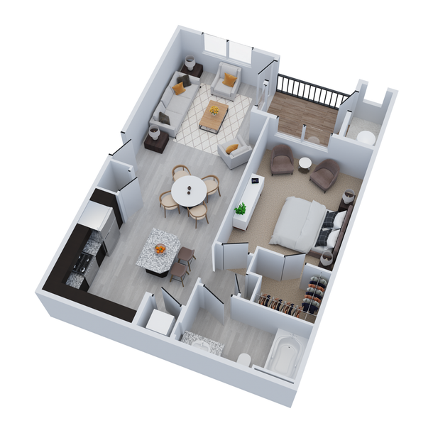 3D floor plan of a modern apartment with kitchen, dining area, bedroom, bathroom, and living room