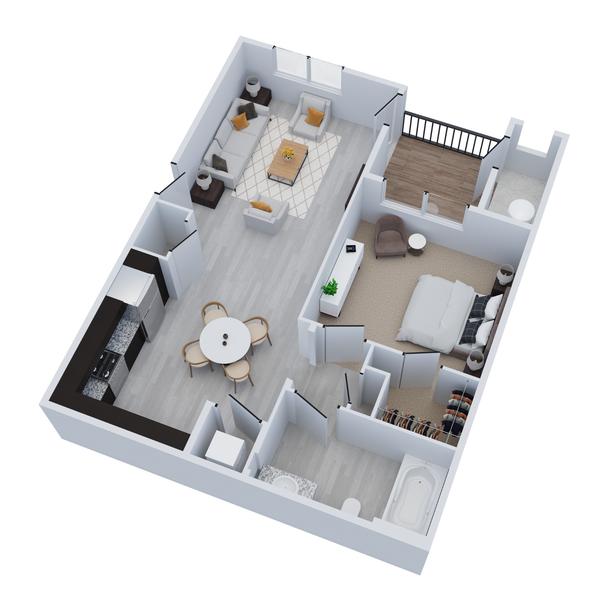 3D floor plan of a modern apartment with bedroom, living area, dining space, kitchen, and balcony