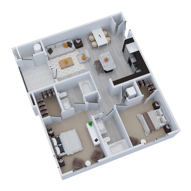 3D floor plan of a compact apartment with bedroom, living area, kitchen, and bathroom