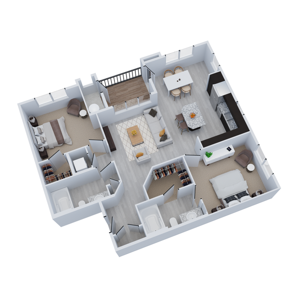 3D floor plan of a modern apartment with living room, kitchen, bedroom, and bathroom on a white background