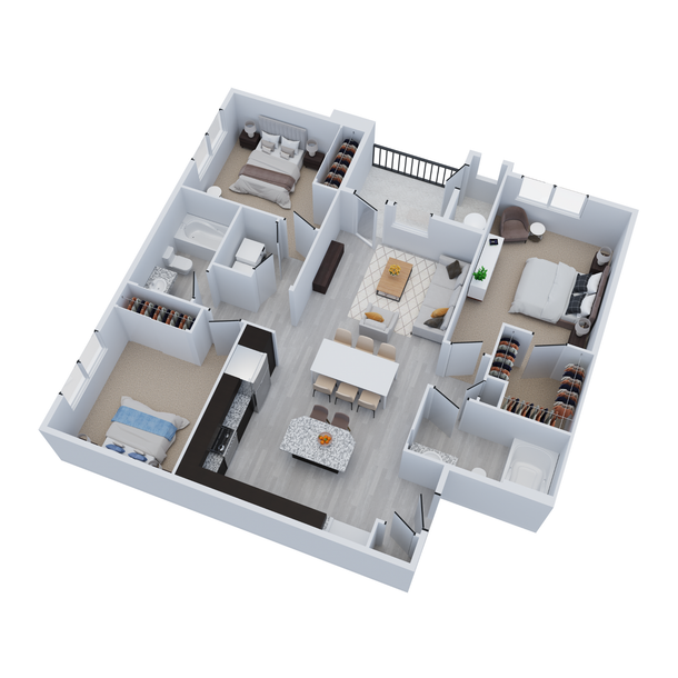 3D floor plan of a modern apartment with bedroom, kitchen, living area, and bathroom in white and gray tones