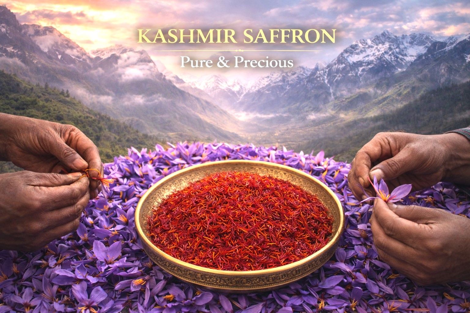 Pure and precious Kashmiri saffron, hand-picked, high-quality red stigmas from the heart of crocus flowers in the Himalayan mountains
