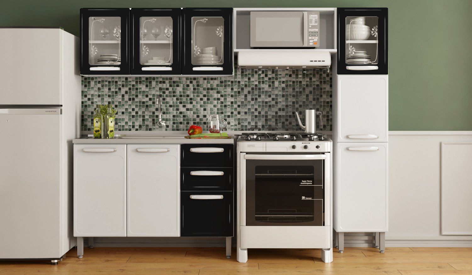 Una cocina con gabinetes en blanco y negro, una estufa, un refrigerador y un microondas.