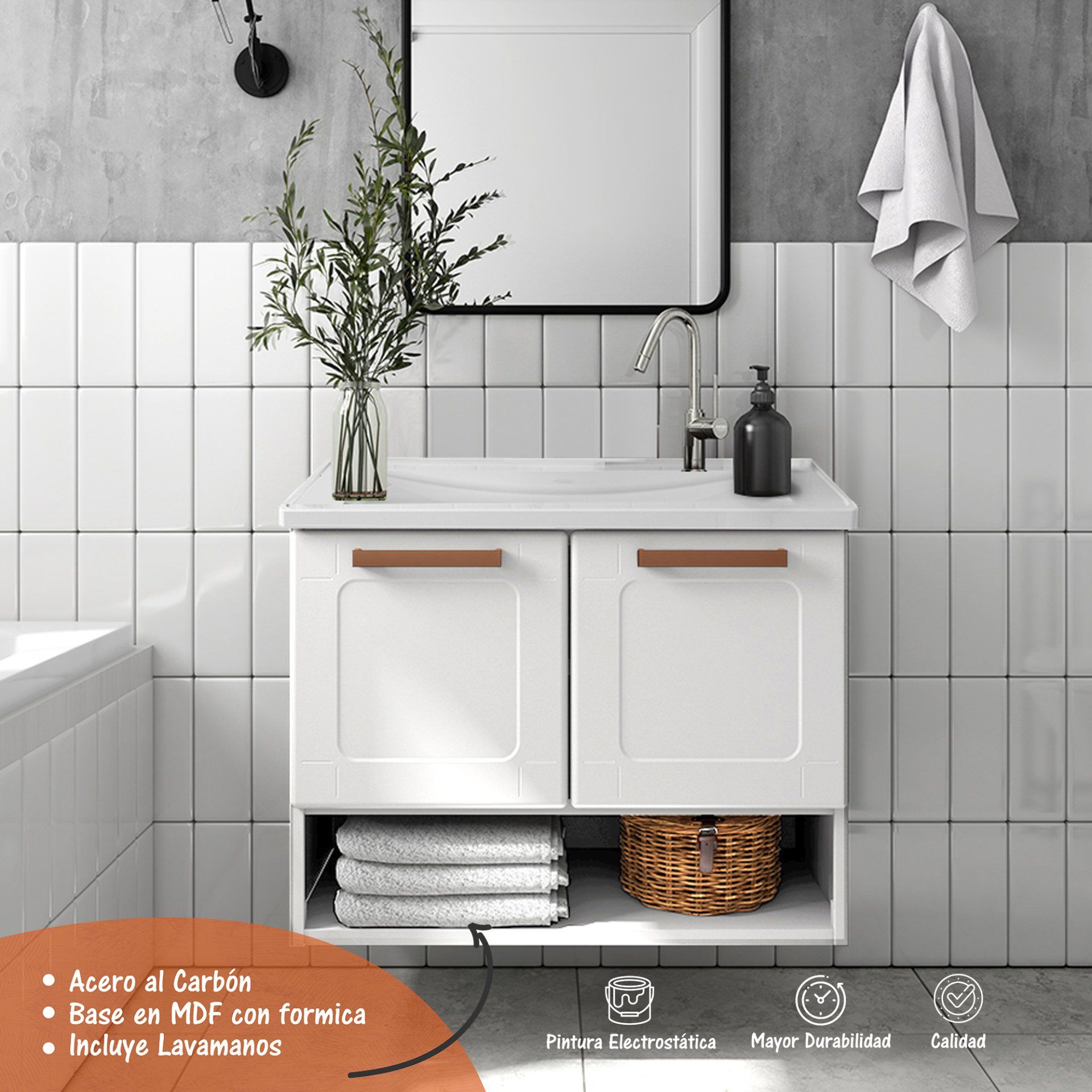 Un baño con lavabo, espejo y toallas.