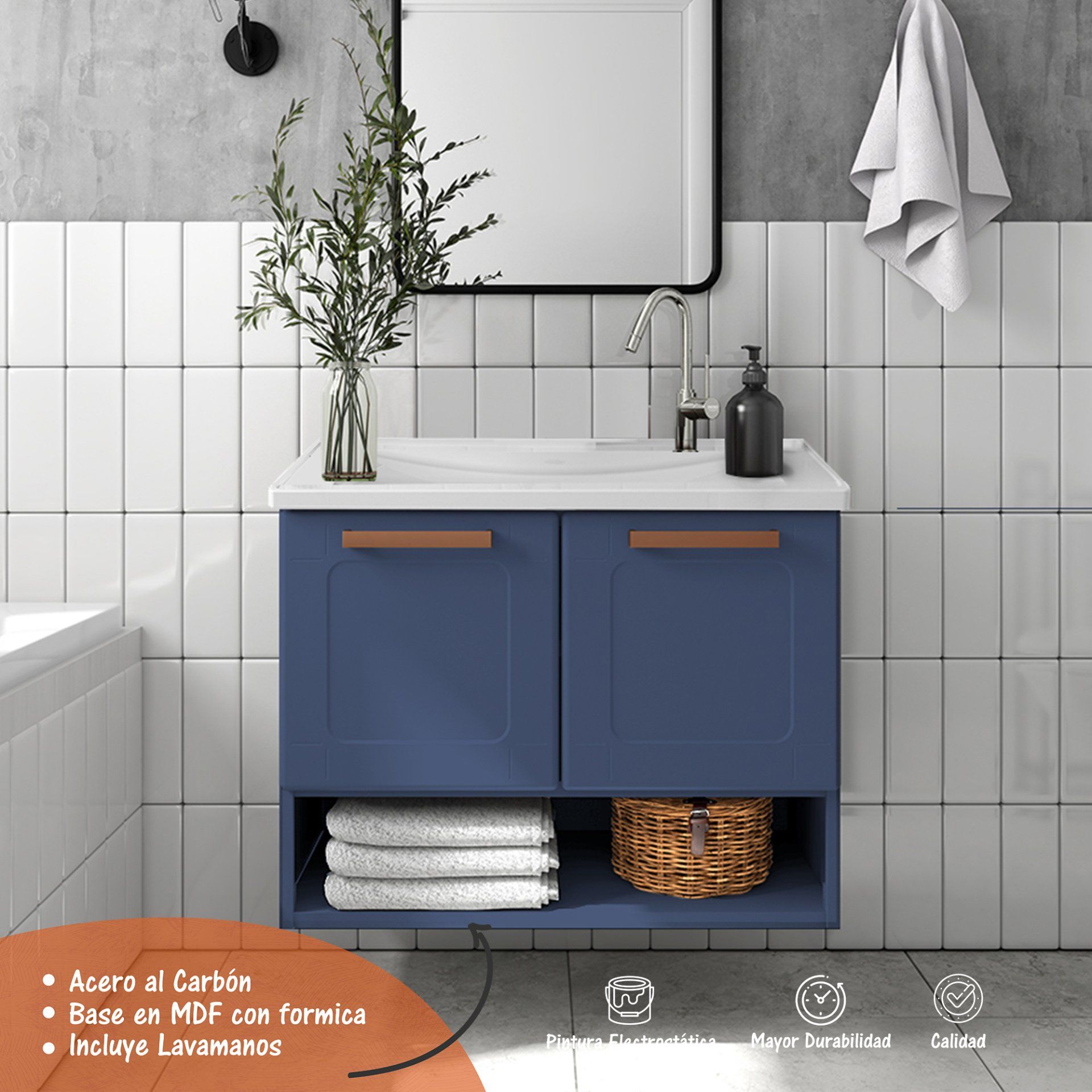 Un baño con tocador azul, lavabo, espejo y toallas.