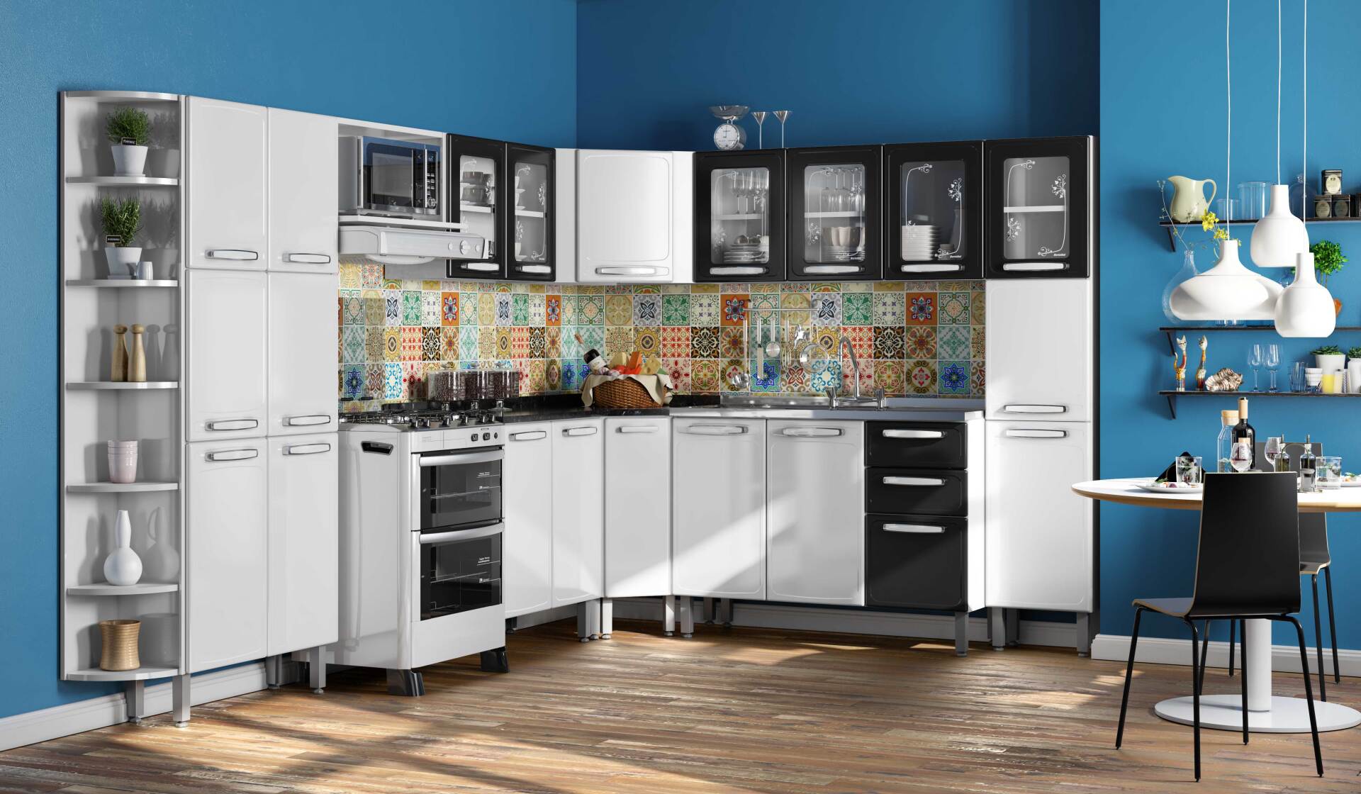 Una cocina con paredes azules y gabinetes blancos y una mesa y sillas.
