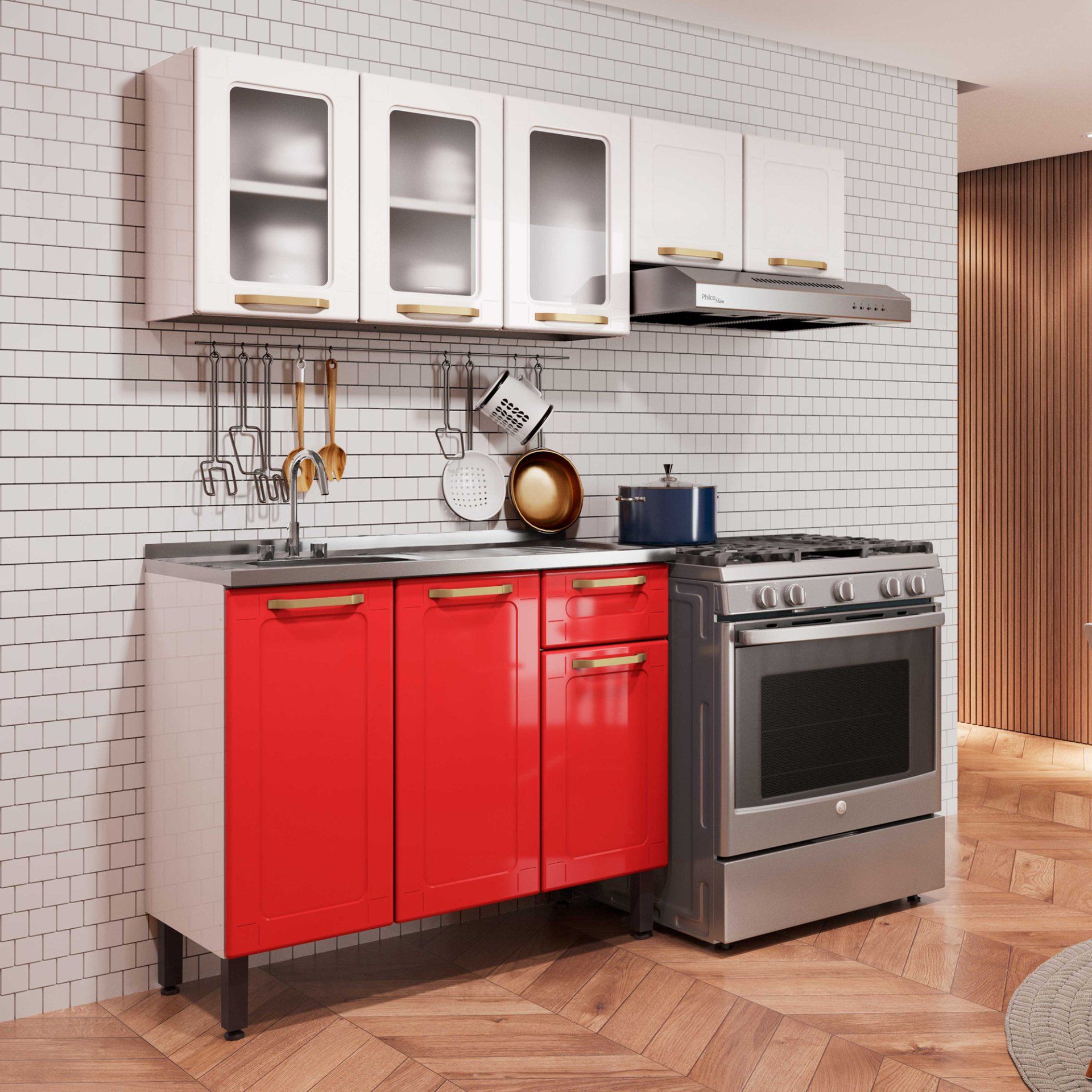 Una cocina con gabinetes rojos, una estufa y un fregadero.